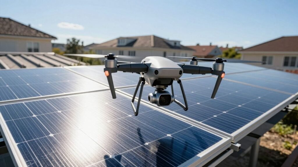 Drone inspecting solar panels on a sunny day.