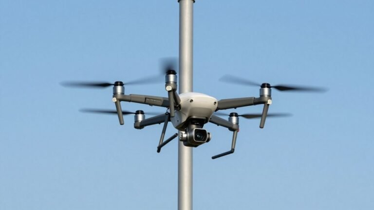 Drone inspecting a cell tower from above.