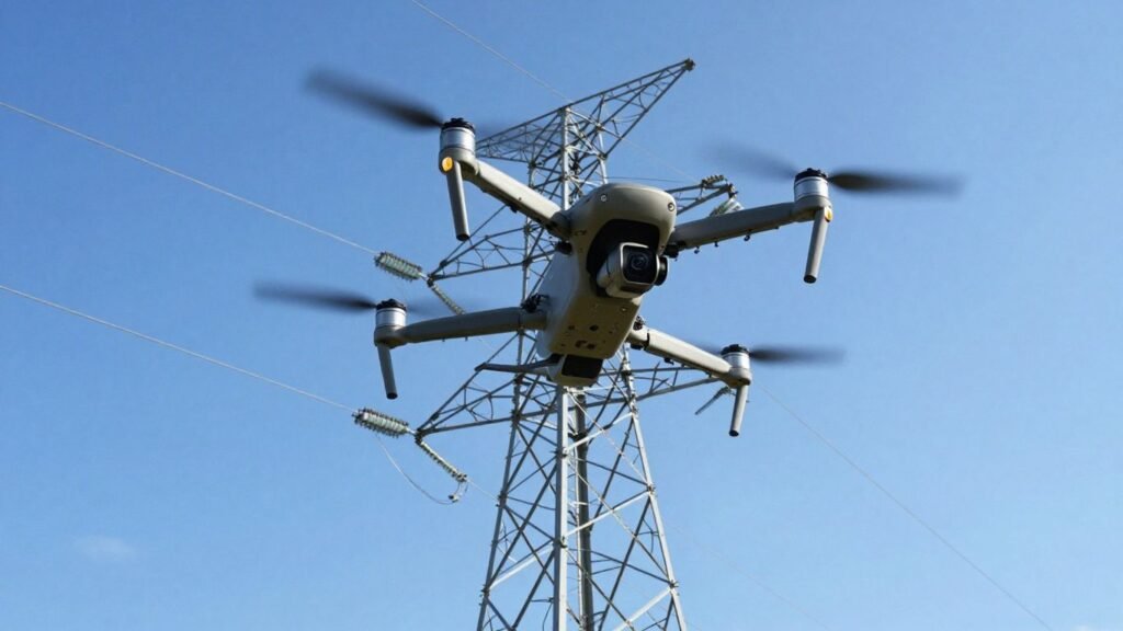 Drone inspecting power lines from afar.