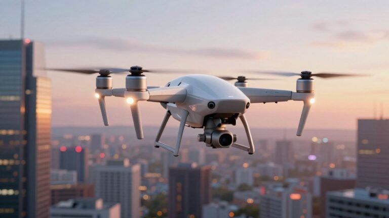 Futuristic drone hovering over a city at sunset.