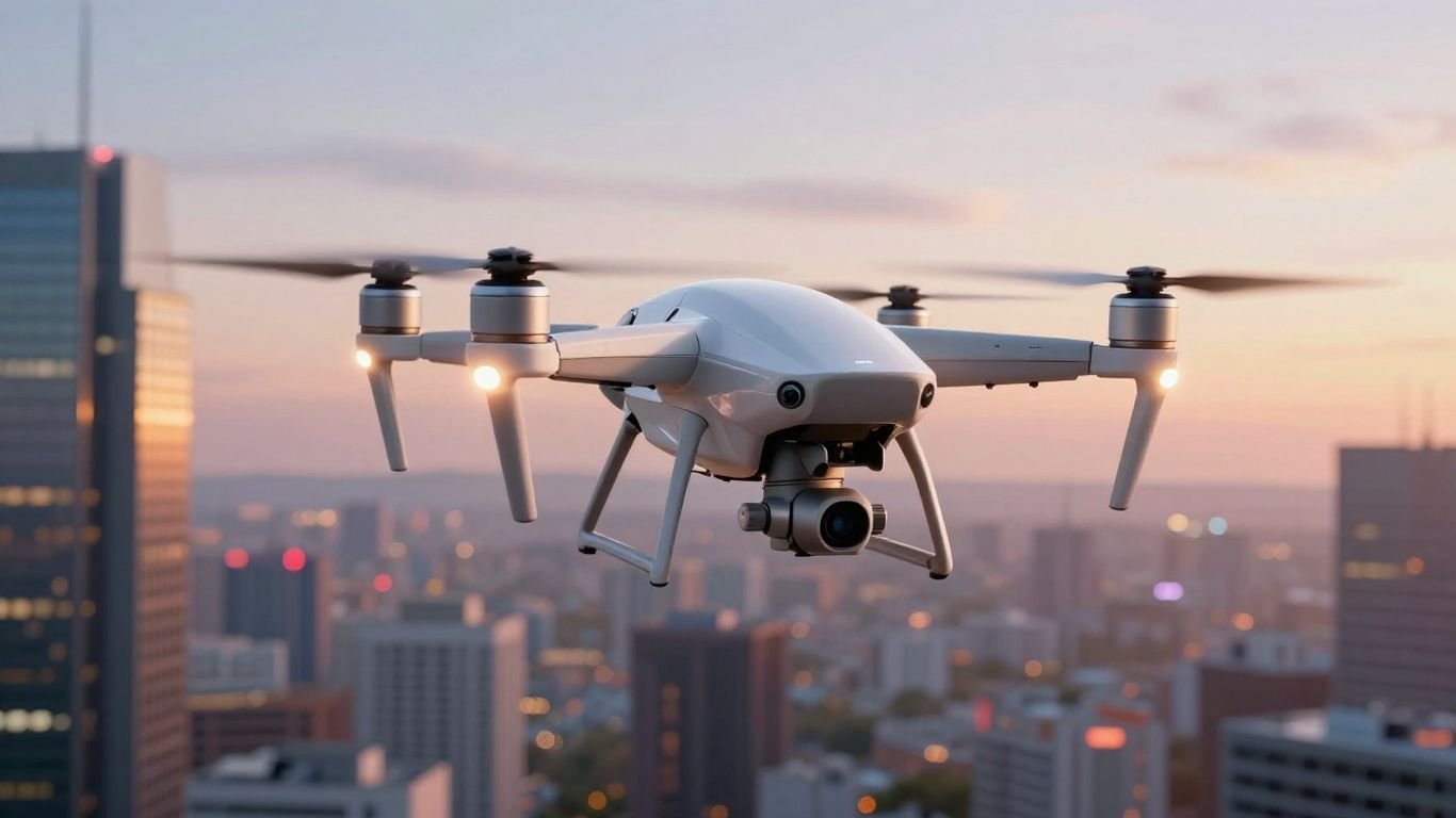 Futuristic drone hovering over a city at sunset.