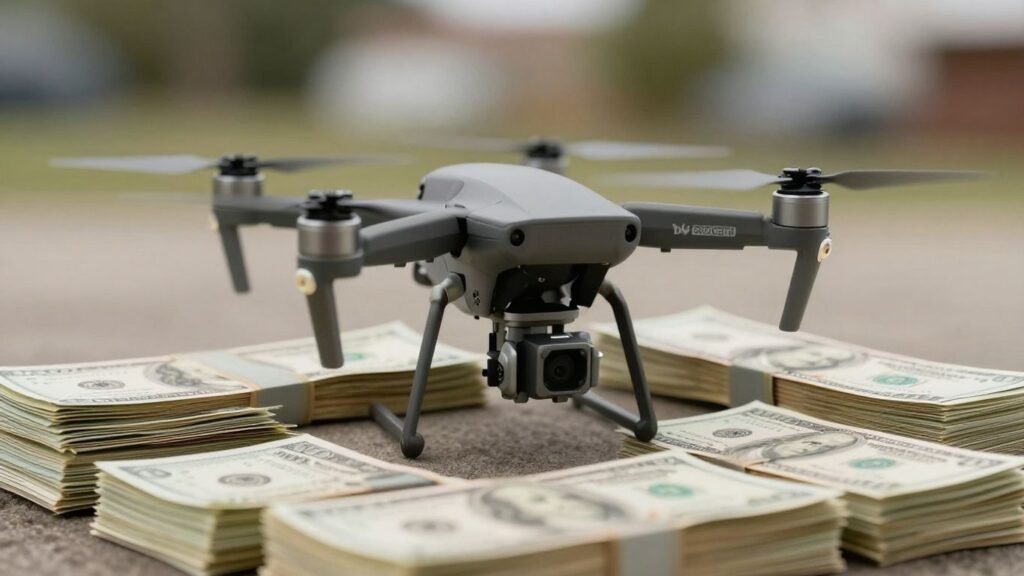 Commercial drone flying over money