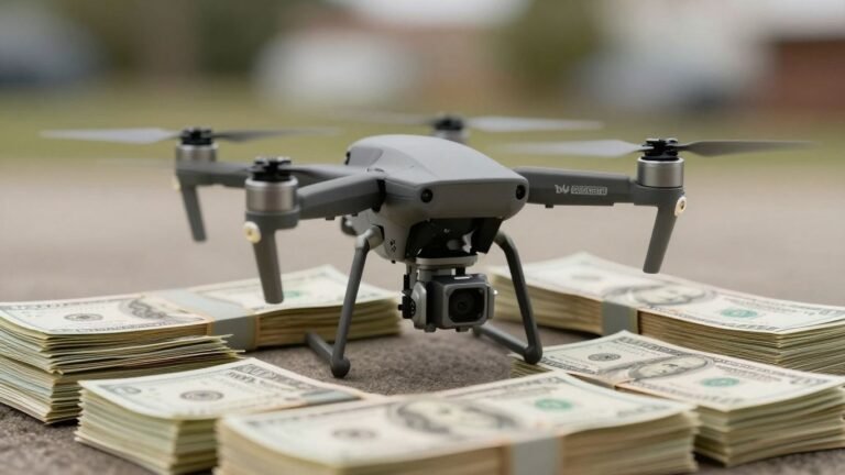 Commercial drone flying over money