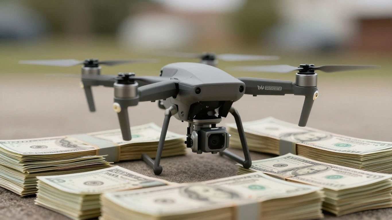 Commercial drone flying over money