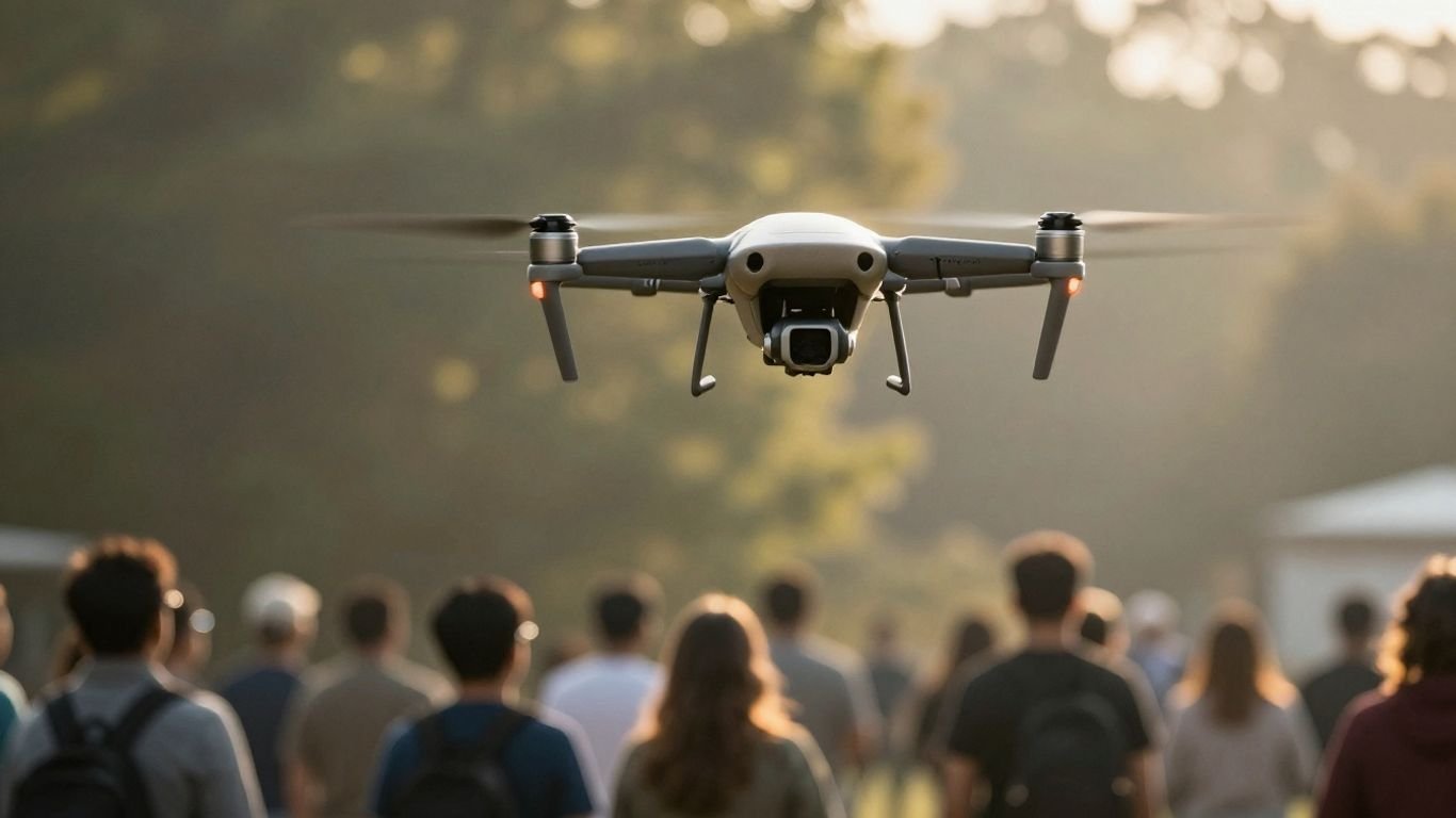 Drone flying over people looking up.