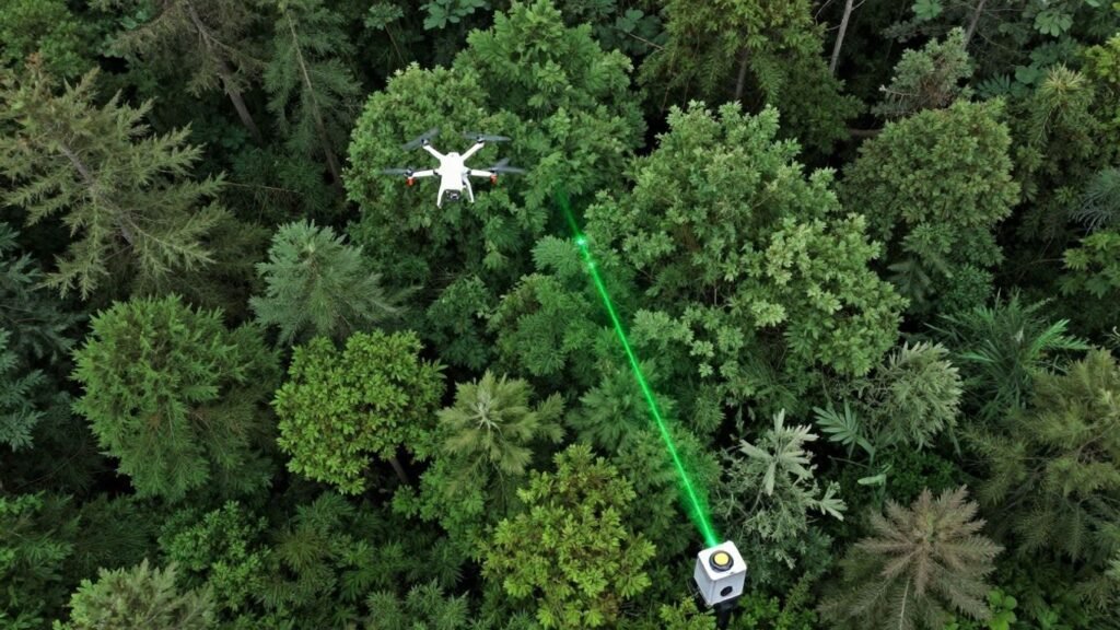 Drone and LiDAR sensor scanning a forest from above.