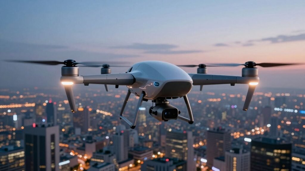 Futuristic drone hovering over a city at dusk.