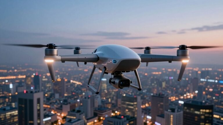 Futuristic drone hovering over a city at dusk.