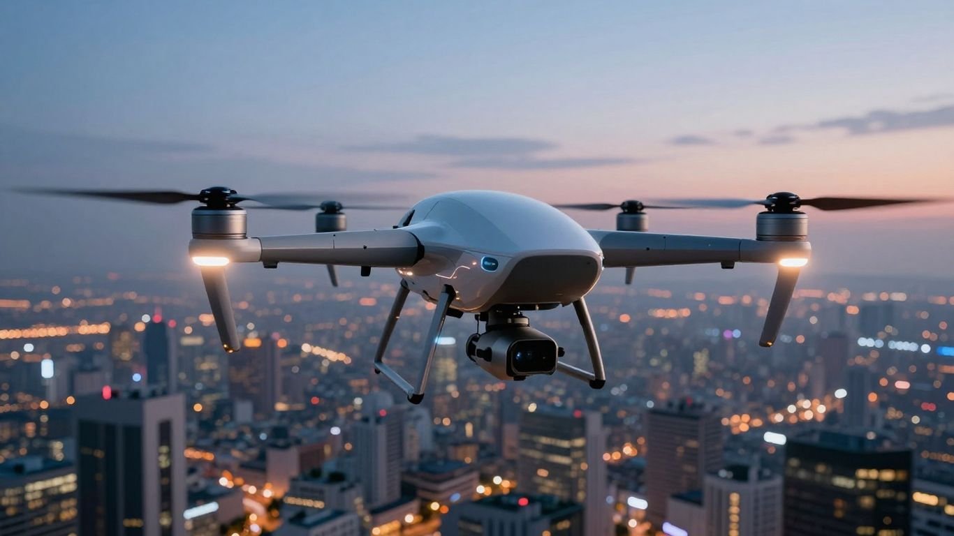 Futuristic drone hovering over a city at dusk.