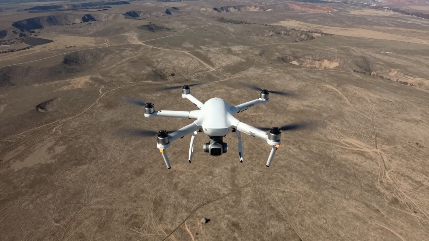 Drone surveying a vast landscape from above.