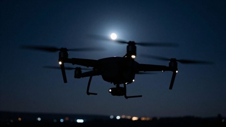 Drone flying at night with glowing lights.