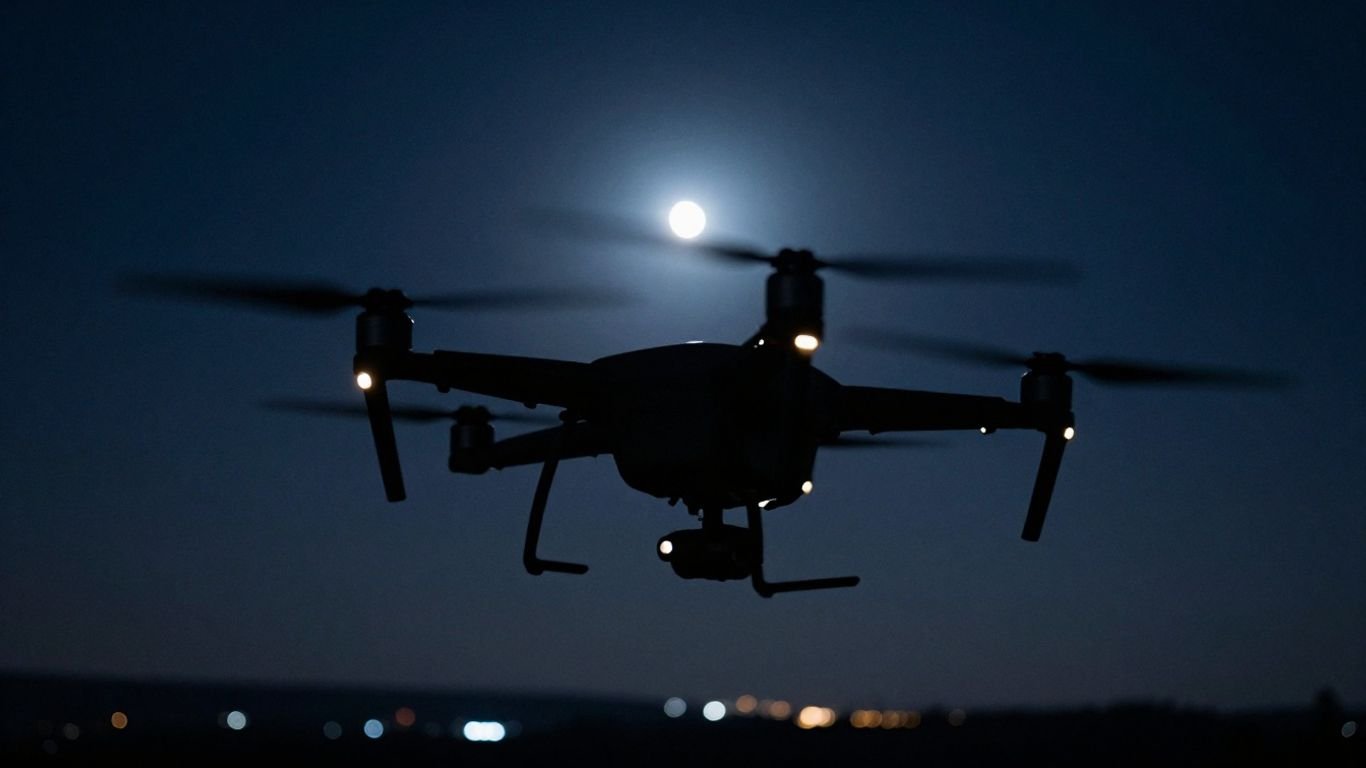 Drone flying at night with glowing lights.