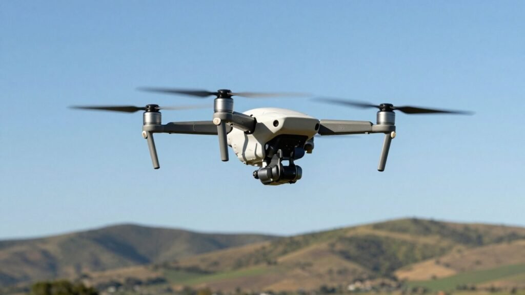 Drone flying in a clear blue sky.