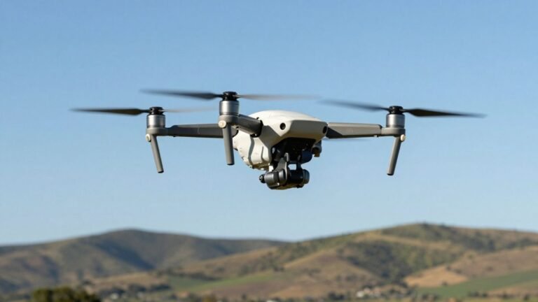Drone flying in a clear blue sky.