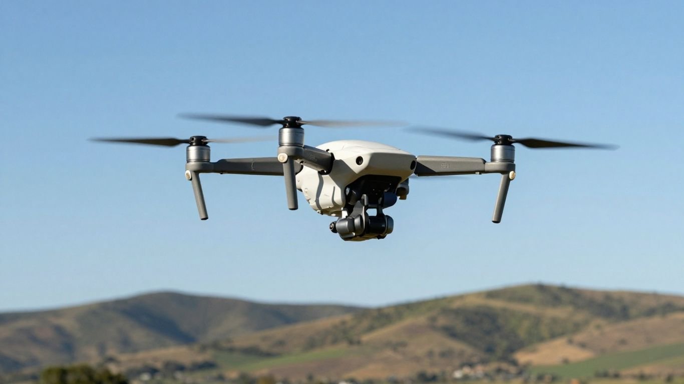 Drone flying in a clear blue sky.