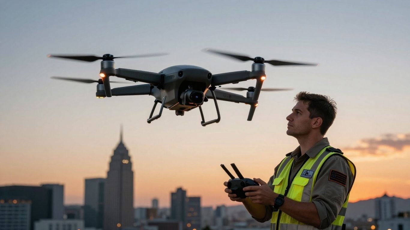 Professional drone pilot operating a drone over a city.