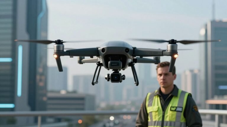 Drone pilot operating advanced drone in futuristic city.