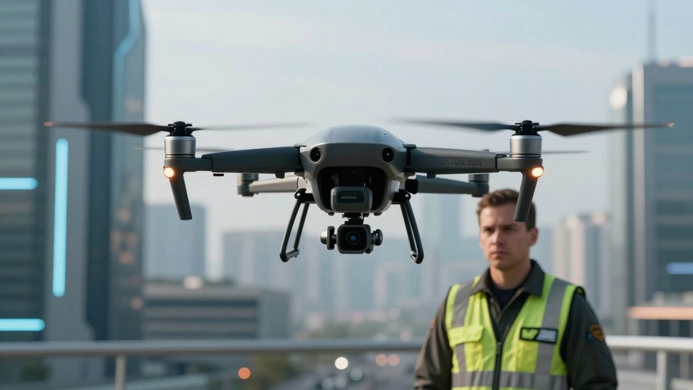 Drone pilot operating advanced drone in futuristic city.