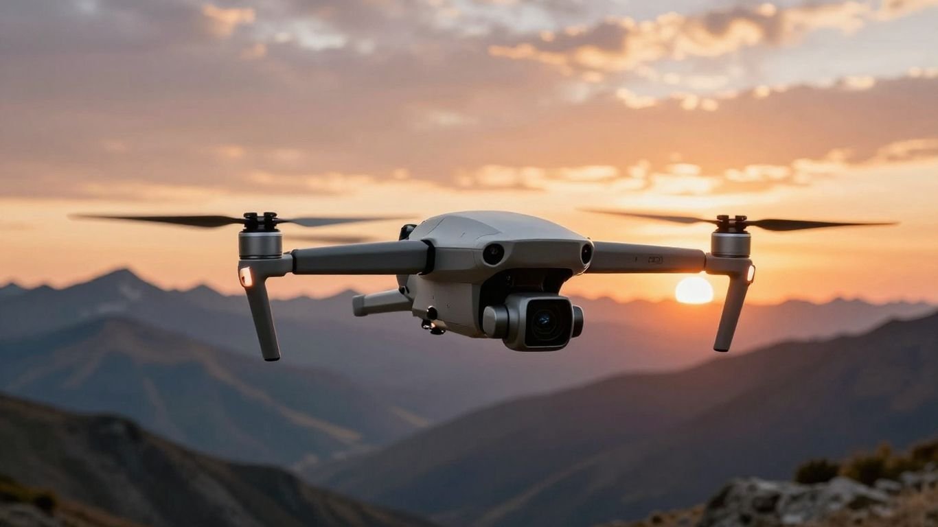 Drone capturing aerial photography of mountains at sunset.