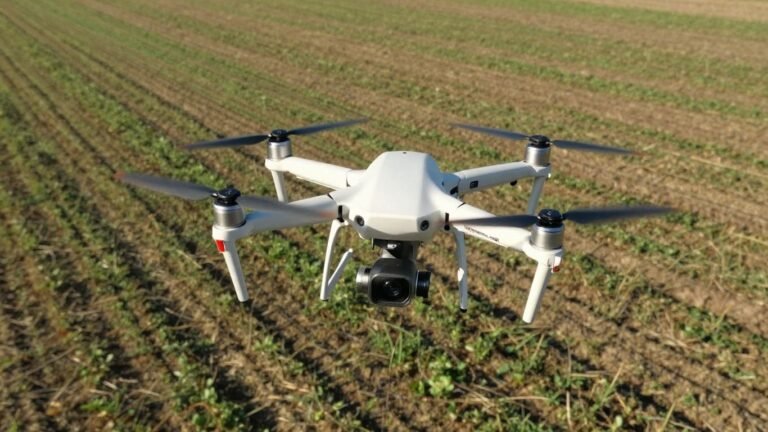 Drone with RTK antenna mapping terrain from above.