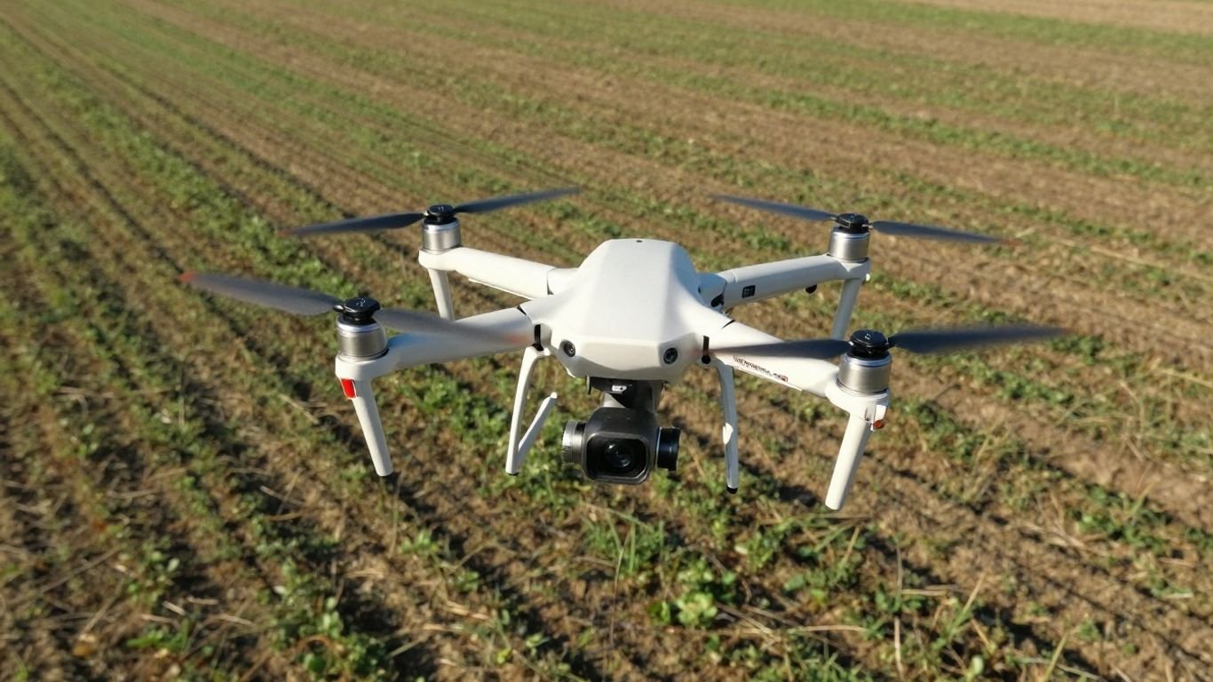 Drone with RTK antenna mapping terrain from above.