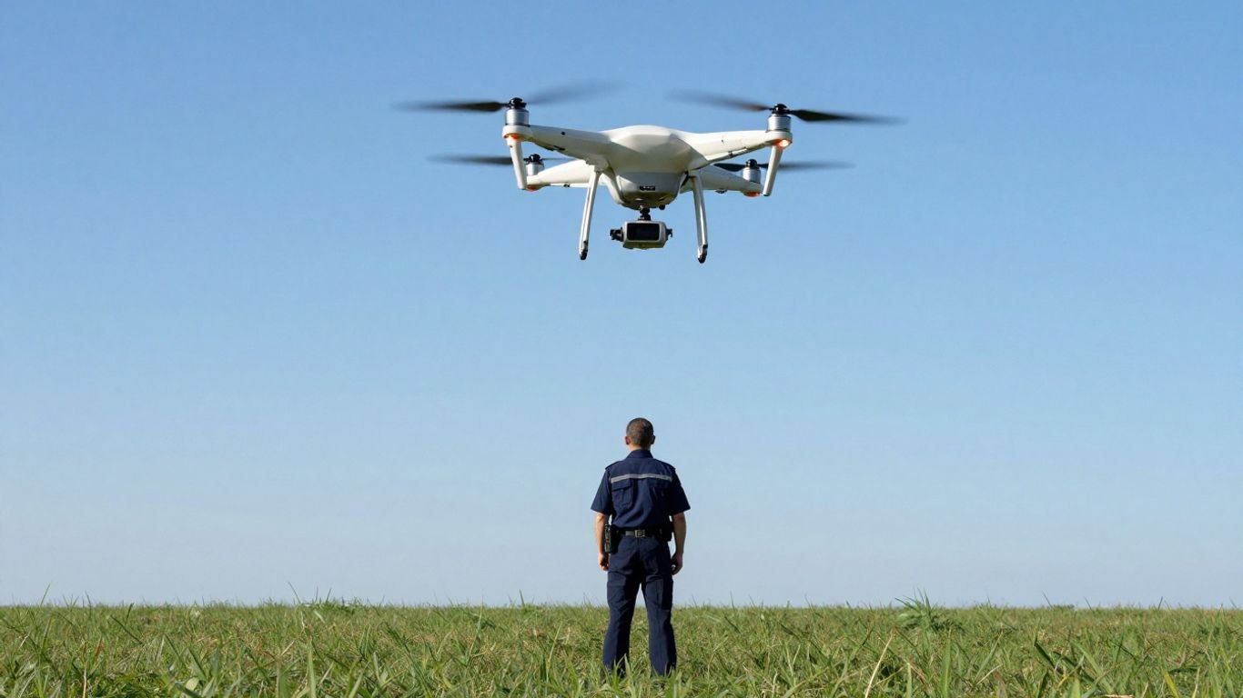 Drone and pilot in a field under a blue sky.