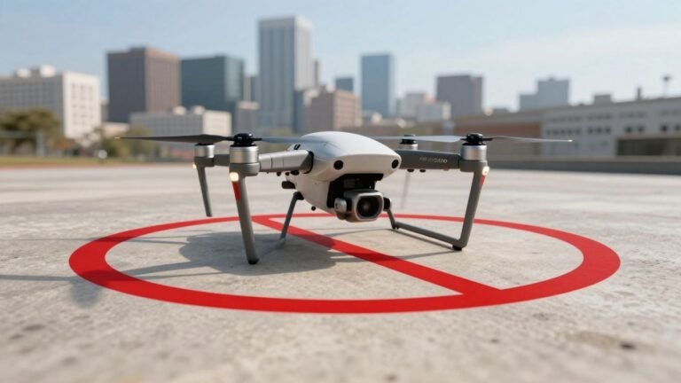Drone near a no-fly zone symbol over city.