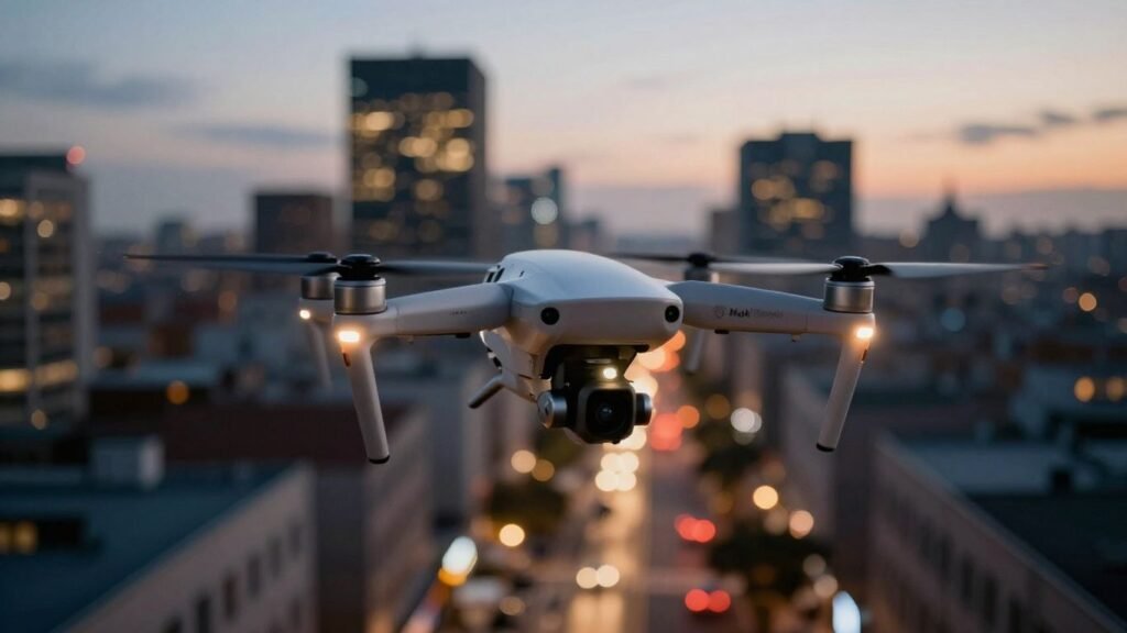 Drone flying over city street at dusk.