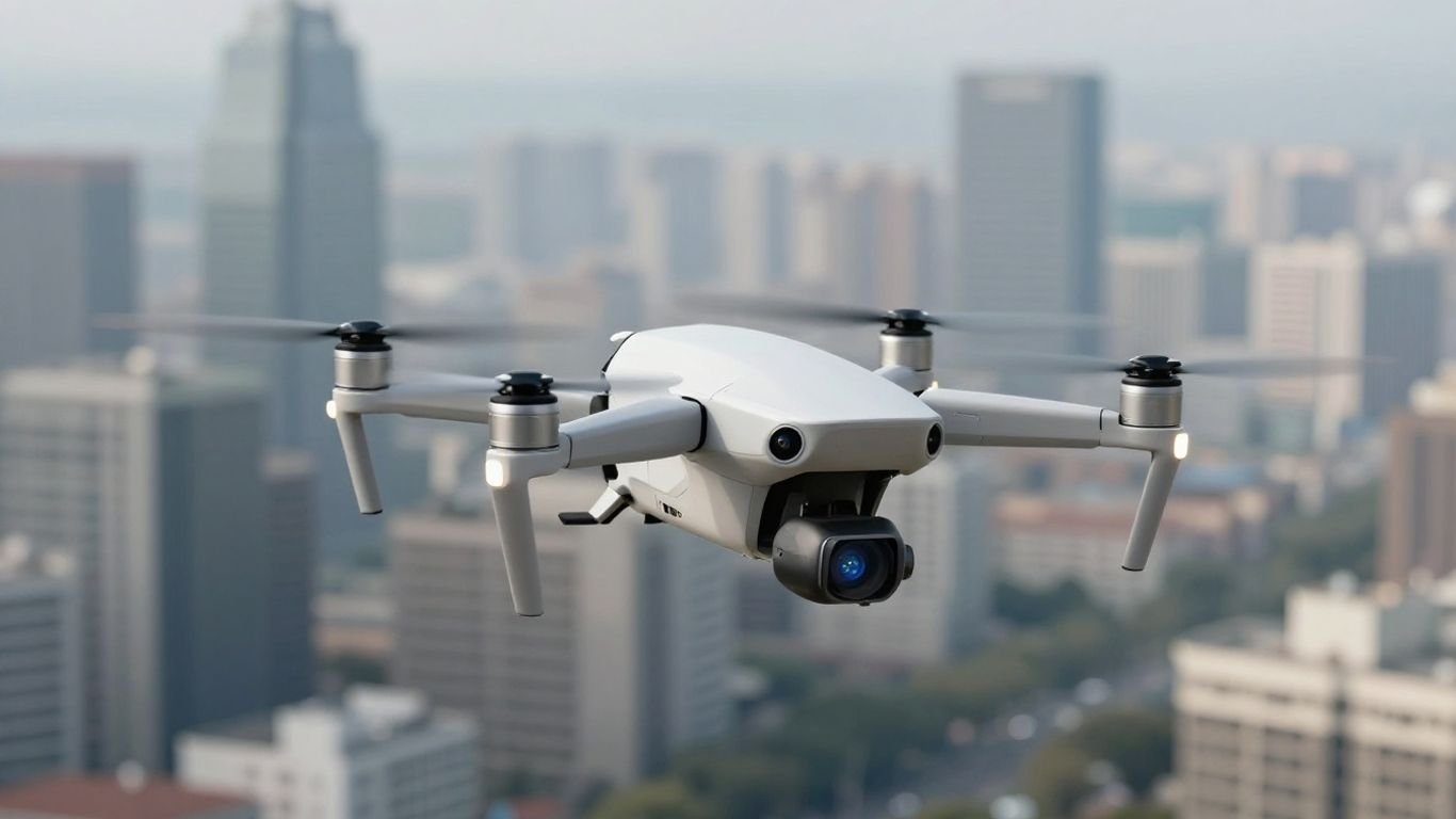 Drone with obstacle avoidance flying near a cityscape.