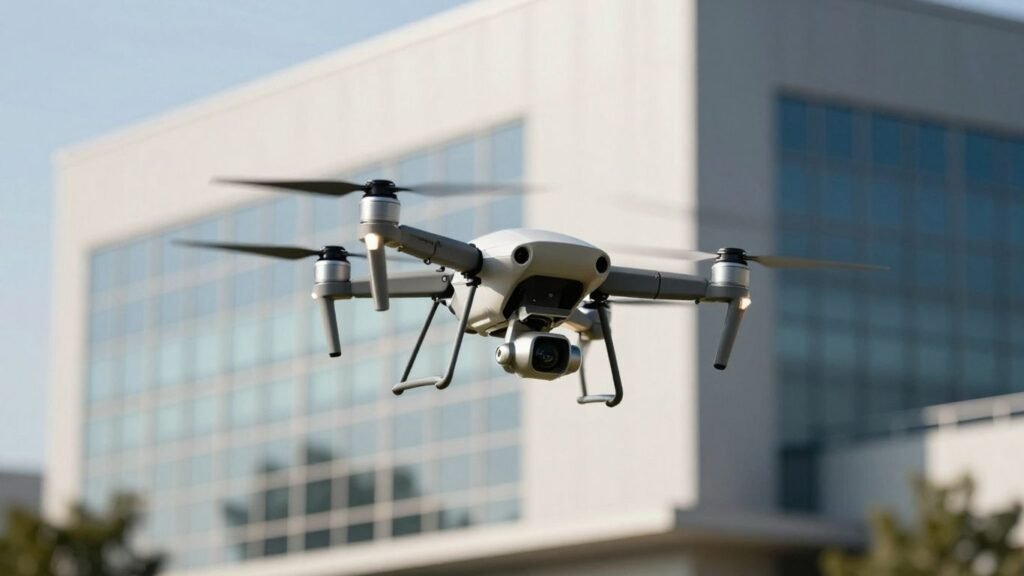 Drone inspecting a large industrial building.