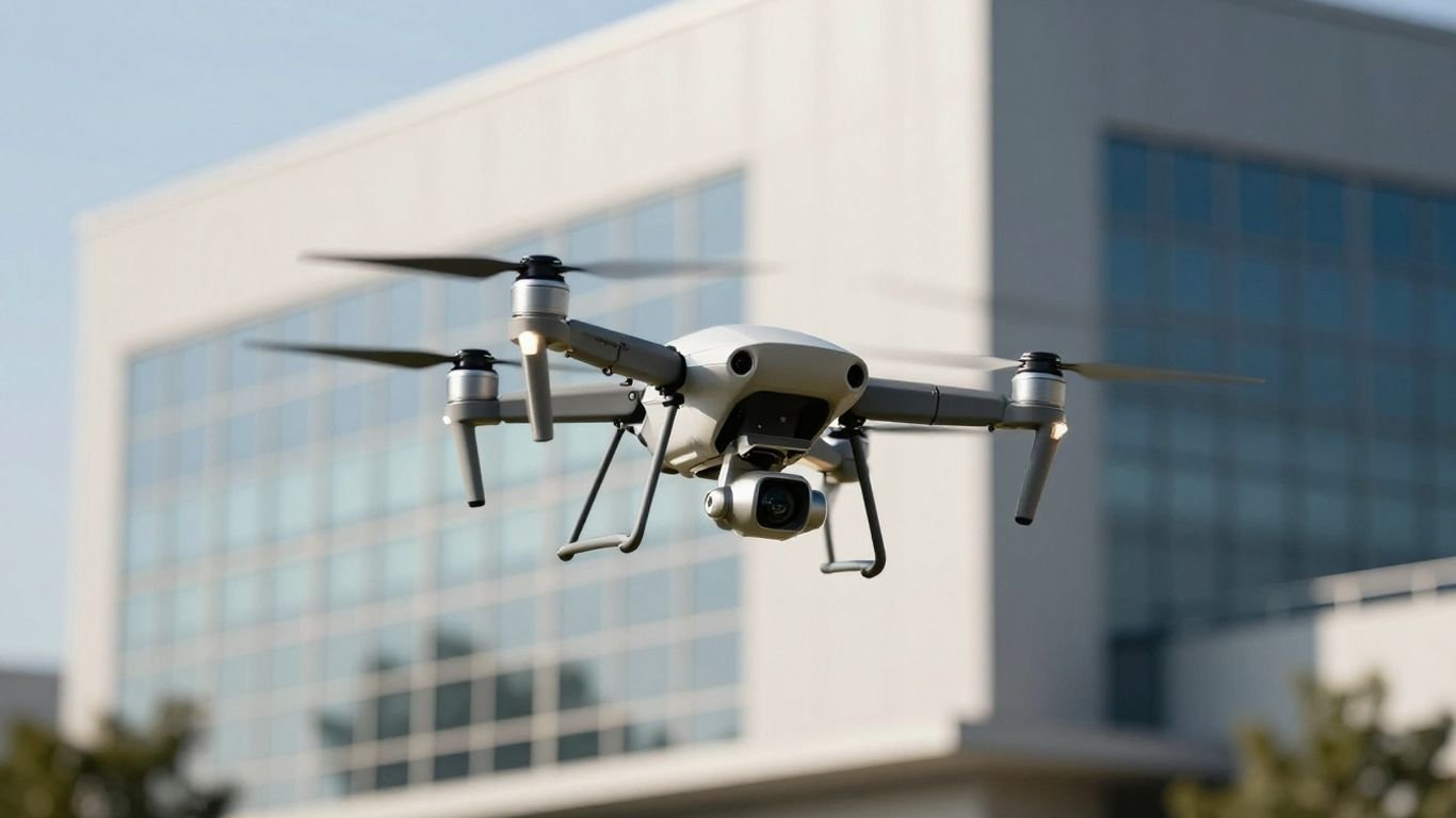 Drone inspecting a large industrial building.