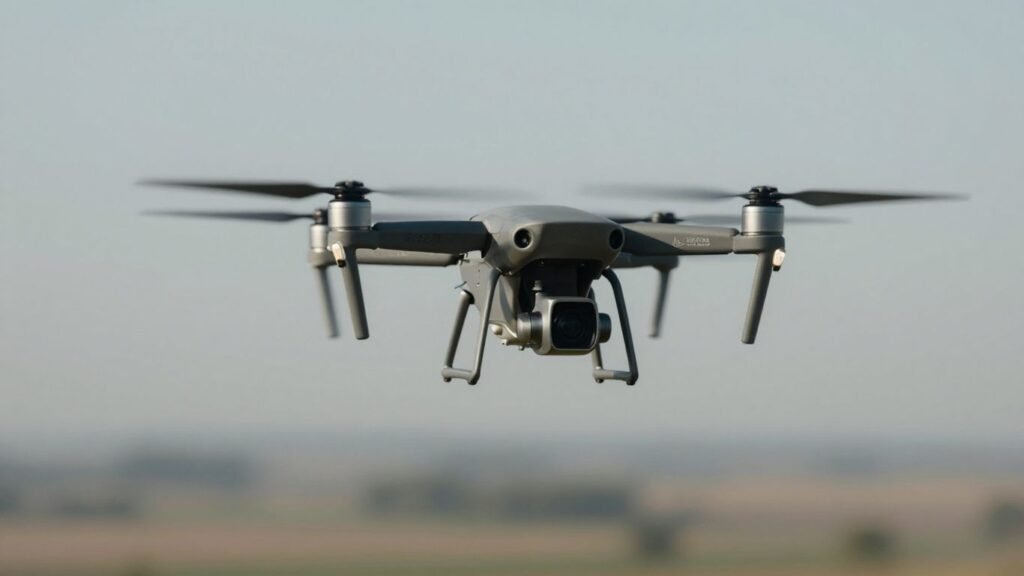 Drone flying high above a hazy landscape.