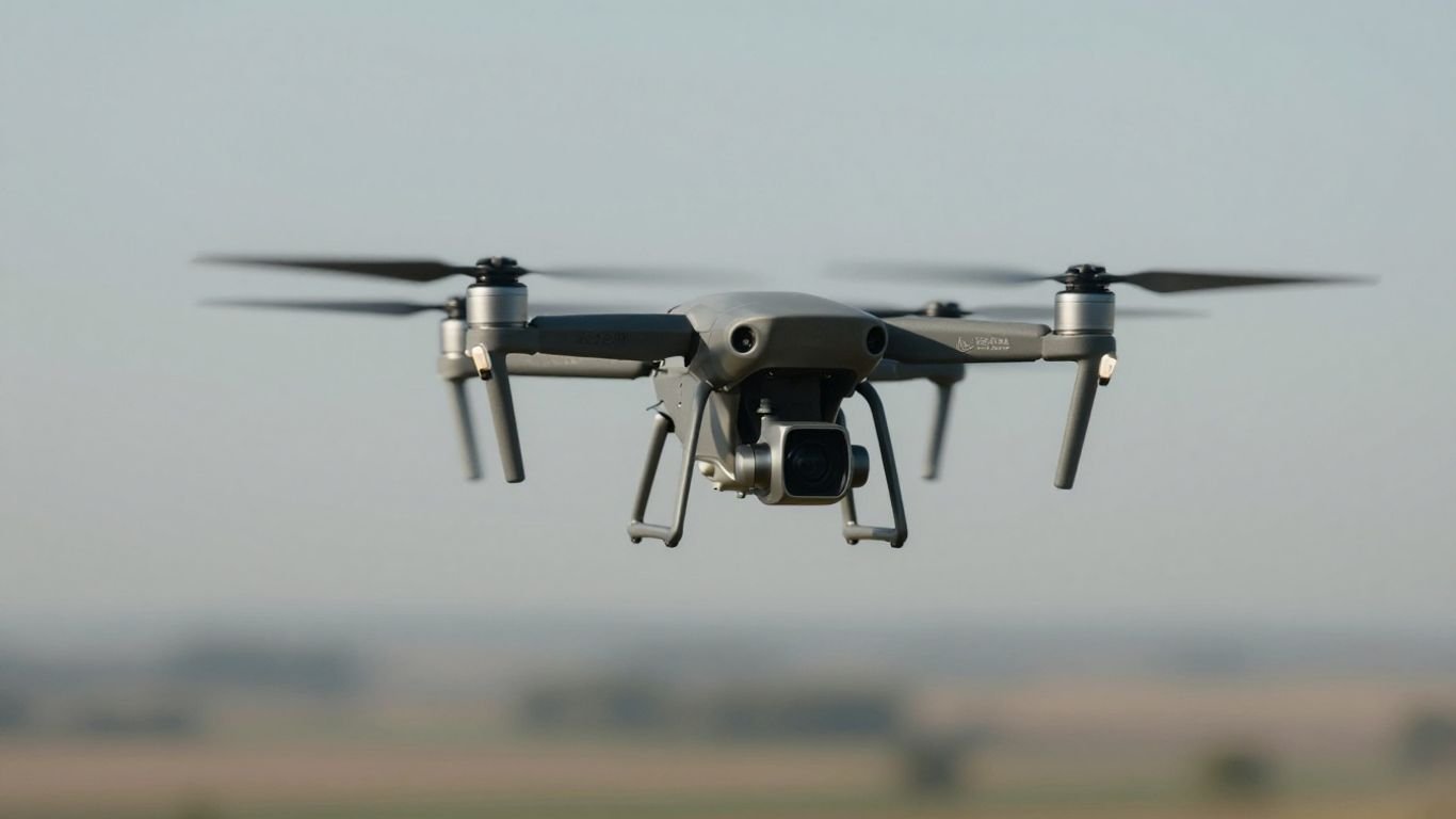 Drone flying high above a hazy landscape.