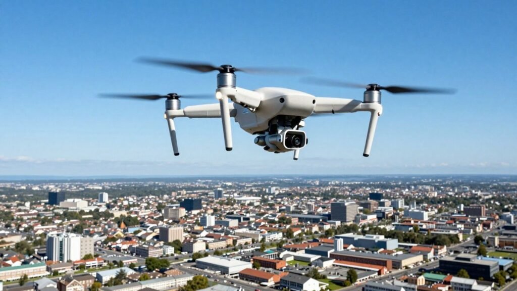 Drone flying in a clear sky over a city.