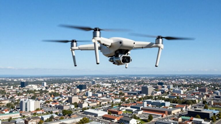 Drone flying in a clear sky over a city.
