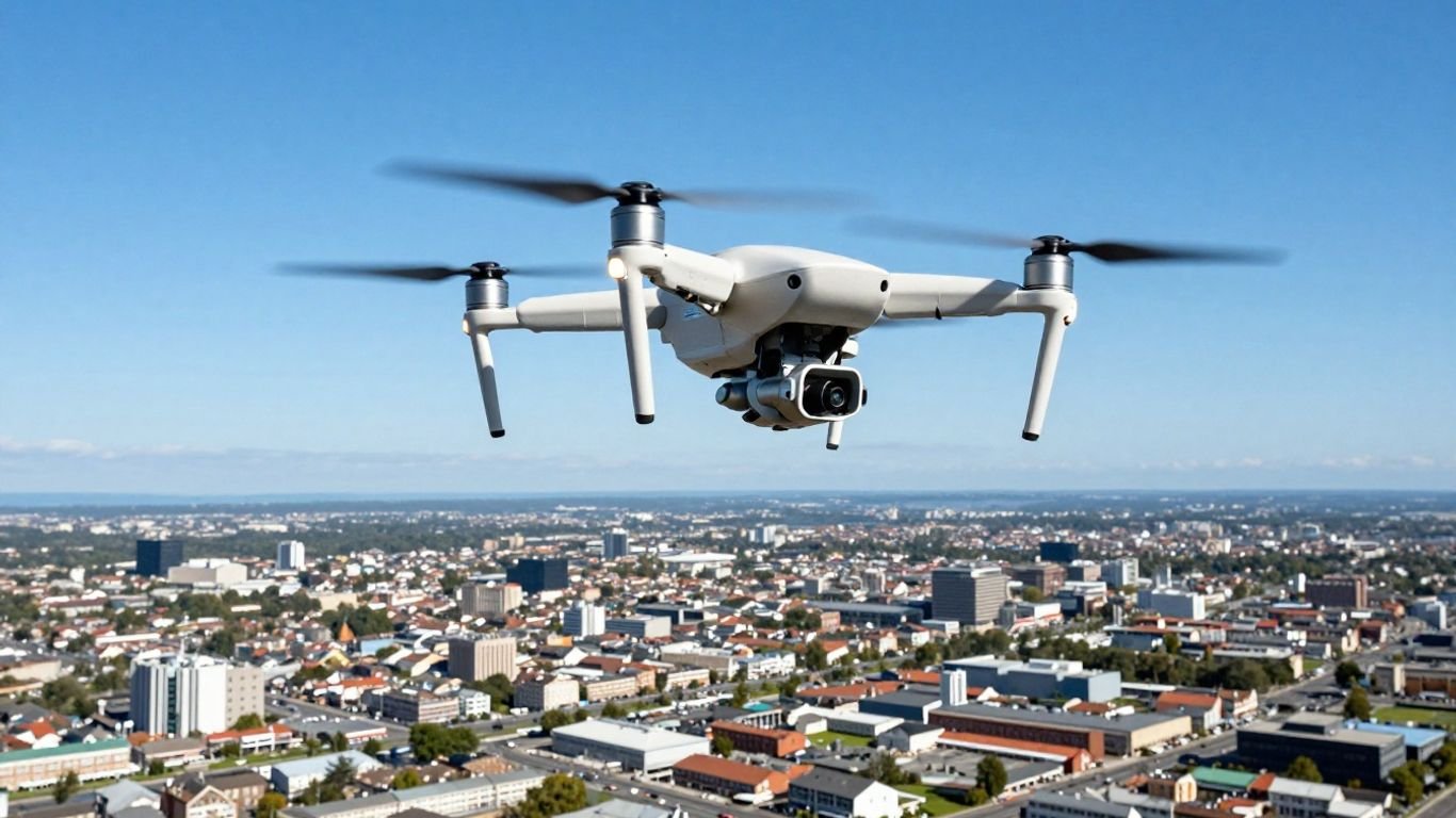 Drone flying in a clear sky over a city.