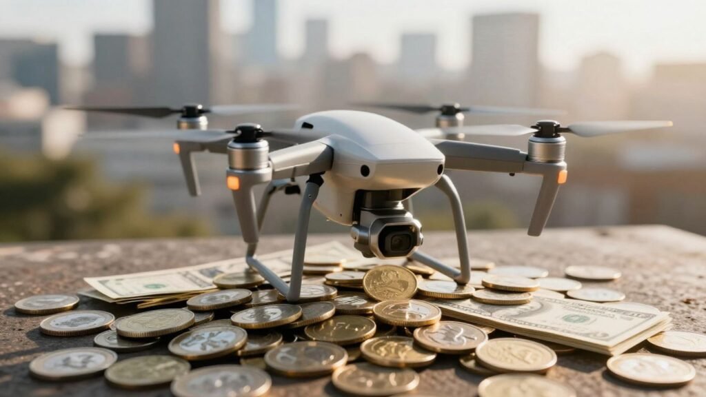Drone hovering over money, business concept.