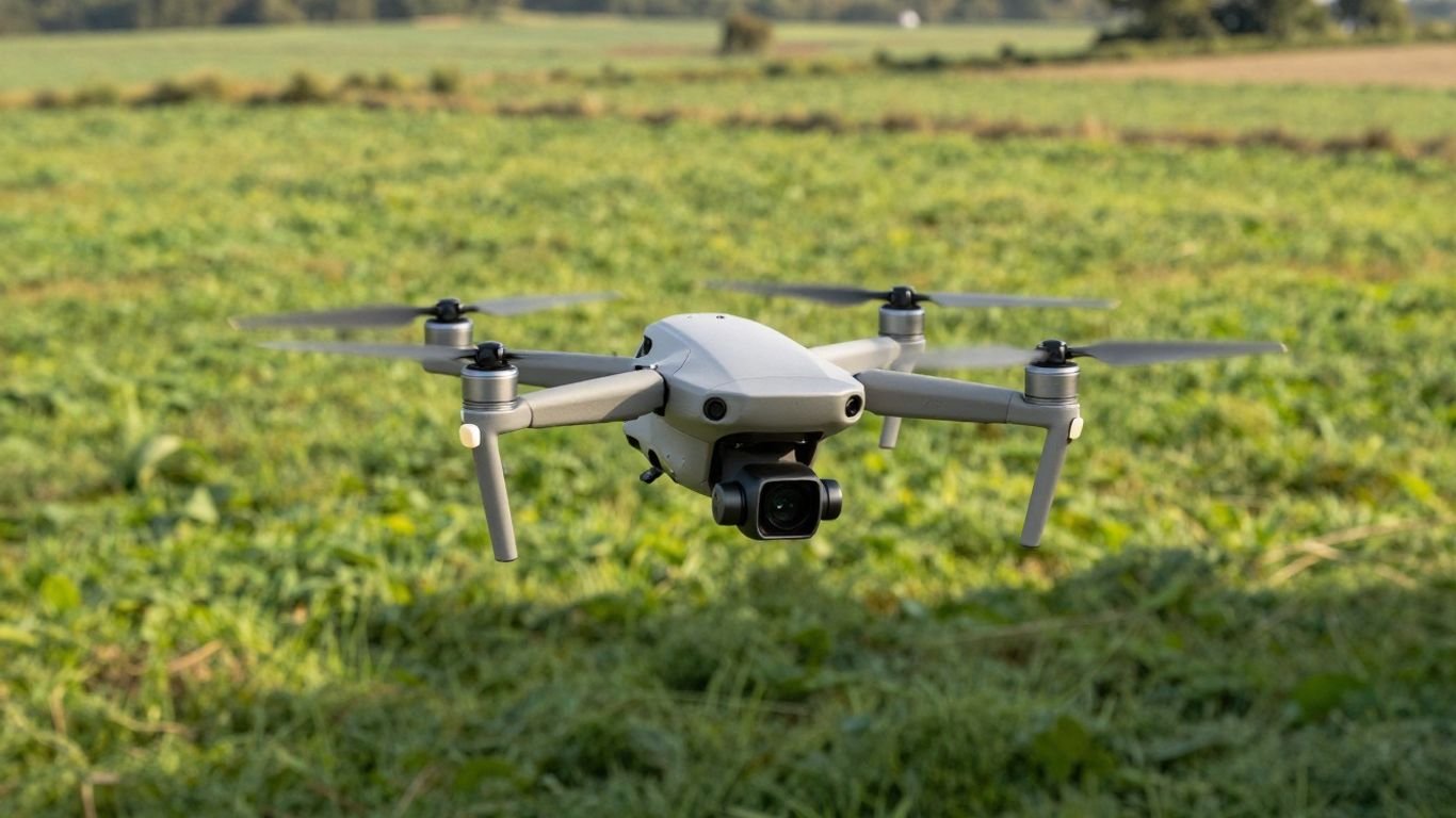 Drone flying over green landscape