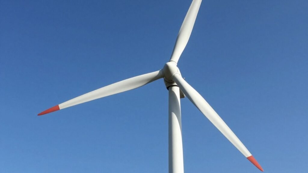Drone inspecting a wind turbine blade from the air.