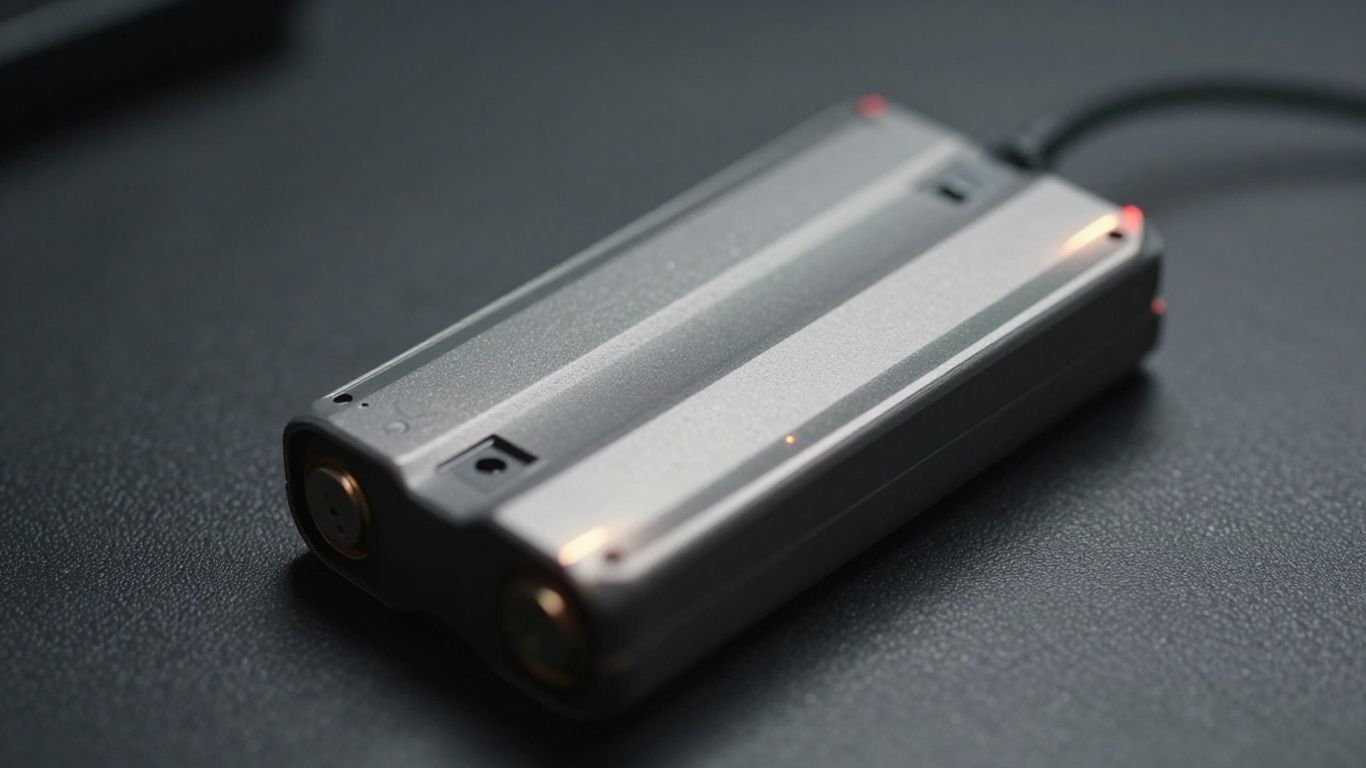 Drone battery close-up with subtle glow.