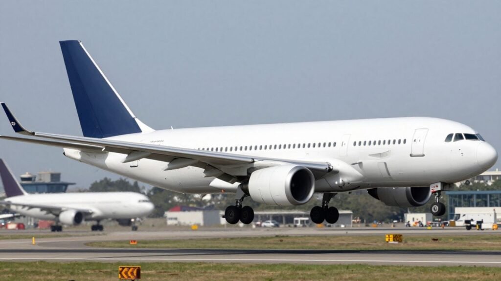 Drone near airplane over airport runway.