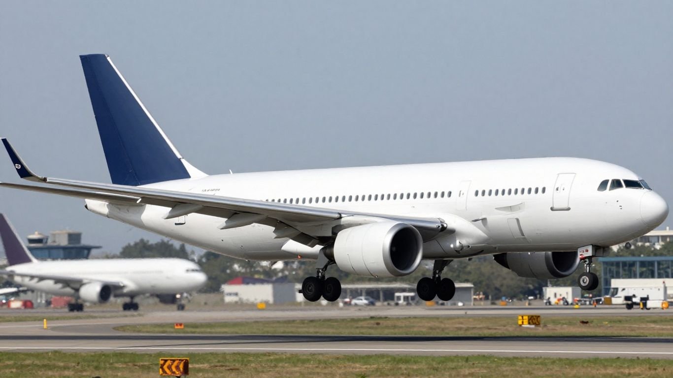Drone near airplane over airport runway.