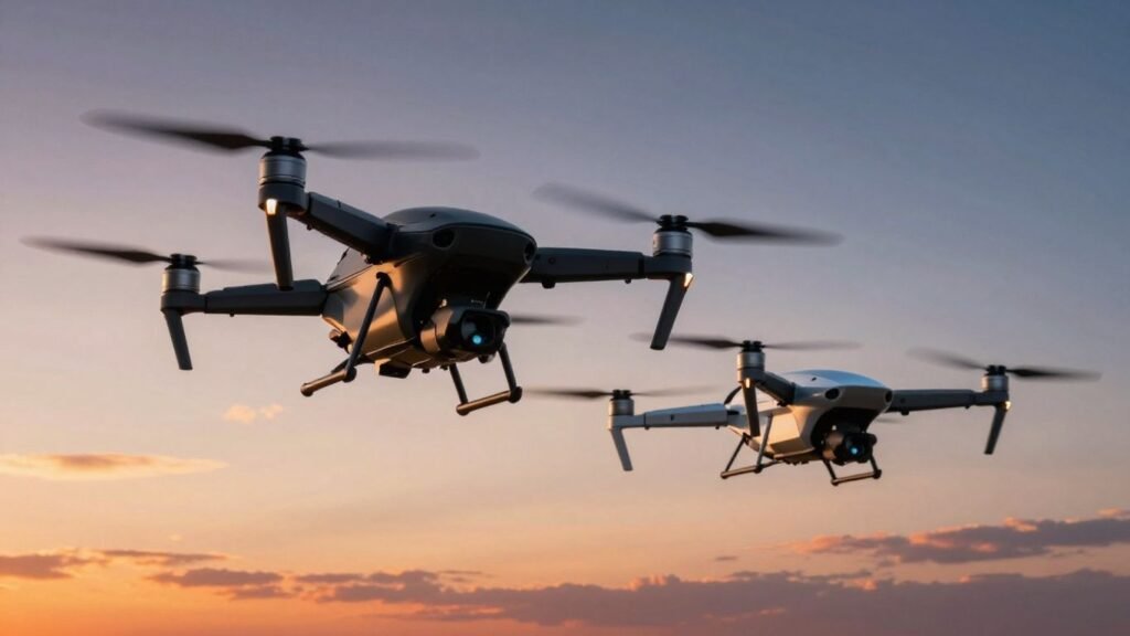 Autel drone battles DJI drone at sunset.