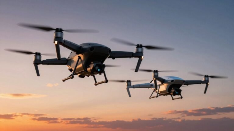 Autel drone battles DJI drone at sunset.