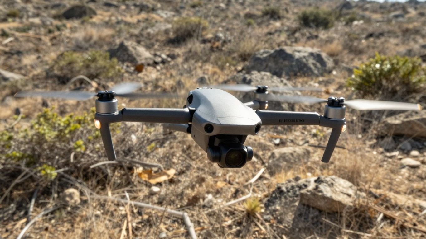 FPV drone flying low over a natural landscape.
