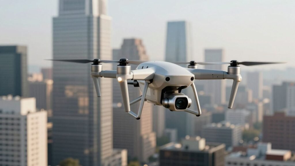 US drone flying over a city.