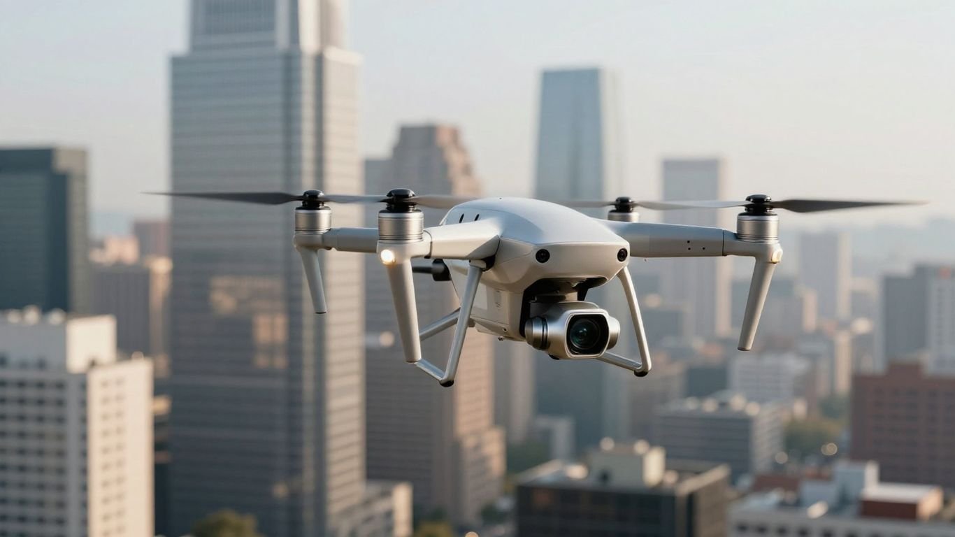 US drone flying over a city.