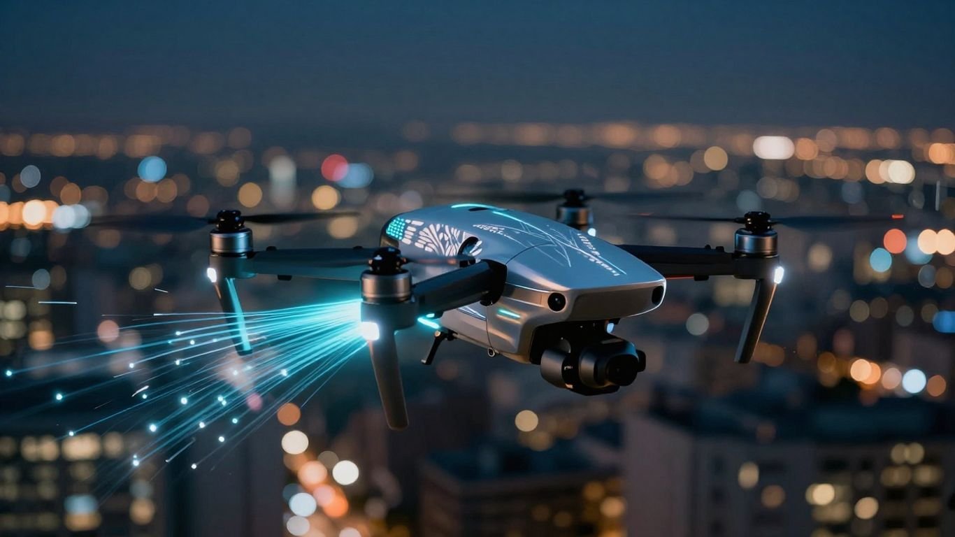 Drone with fiber optic cables at night