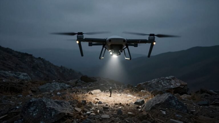 Drone searching for a person in mountains.