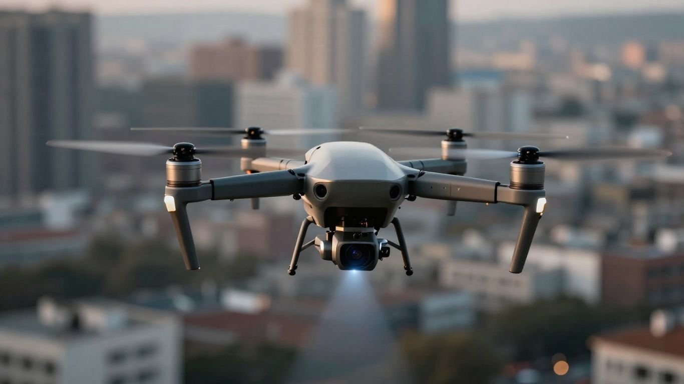 Drone with radar beam over city
